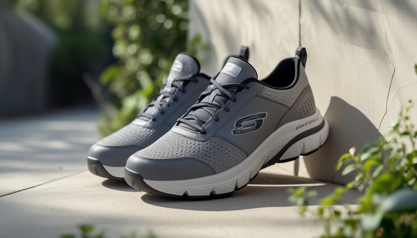 Sepasang sepatu Skechers untuk jalan kaki jarak jauh diletakkan di atas latar belakang netral dengan pencahayaan alami.