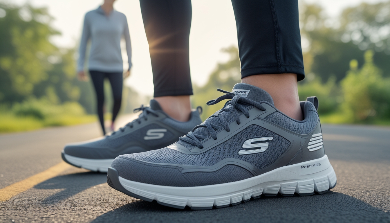 Sepasang sepatu Skechers untuk jalan kaki jauh di jalur pejalan kaki dengan latar belakang orang berjalan santai.