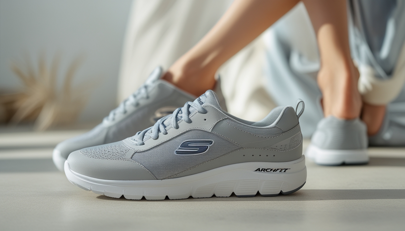 Sepasang sepatu Skechers Arch Fit dengan latar belakang netral dan seseorang yang sedang meregangkan kaki untuk menunjukkan kenyamanan.