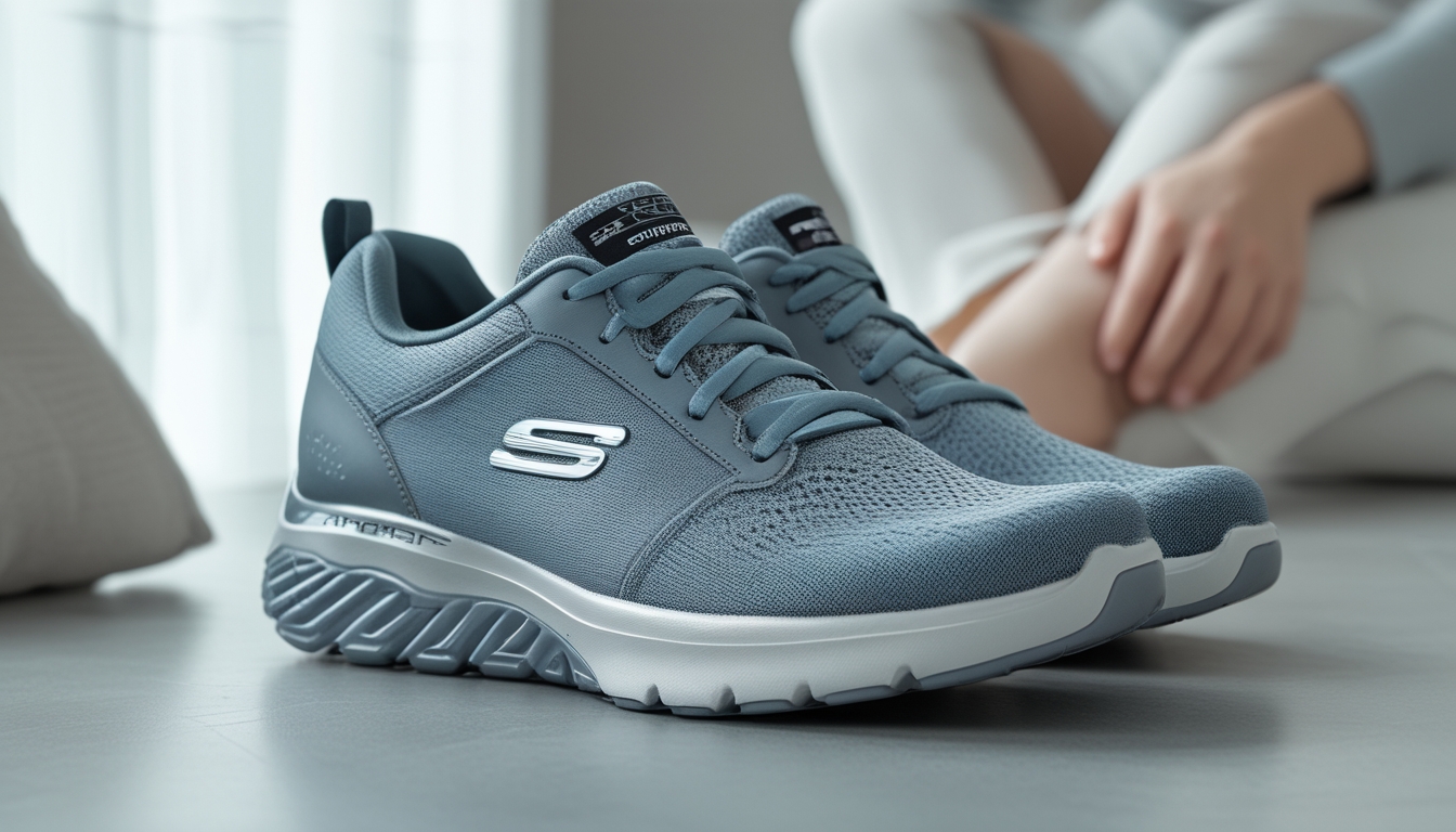 Sepasang sepatu Skechers Arch Fit diletakkan di atas permukaan bersih dengan latar belakang seseorang yang sedang memijat kaki dengan santai.