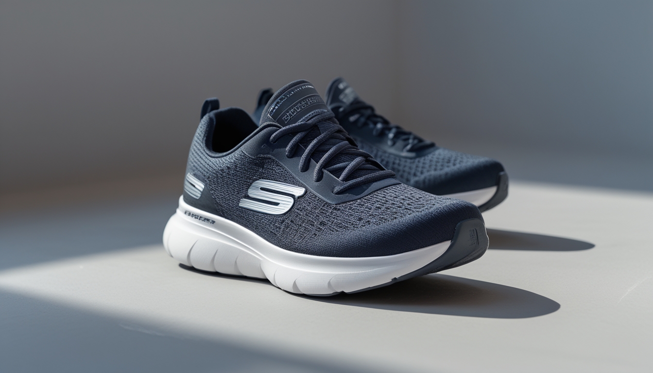 Sepasang sepatu lari Skechers dengan bantalan empuk dan desain ringan diletakkan di atas permukaan netral.