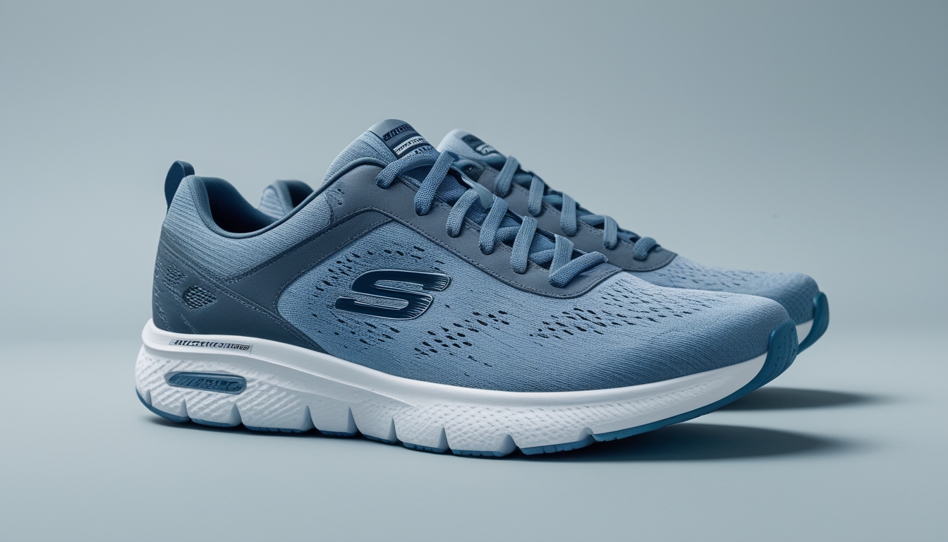 Sepasang sepatu lari Skechers dengan bantalan empuk dan ringan, diletakkan di latar belakang netral.