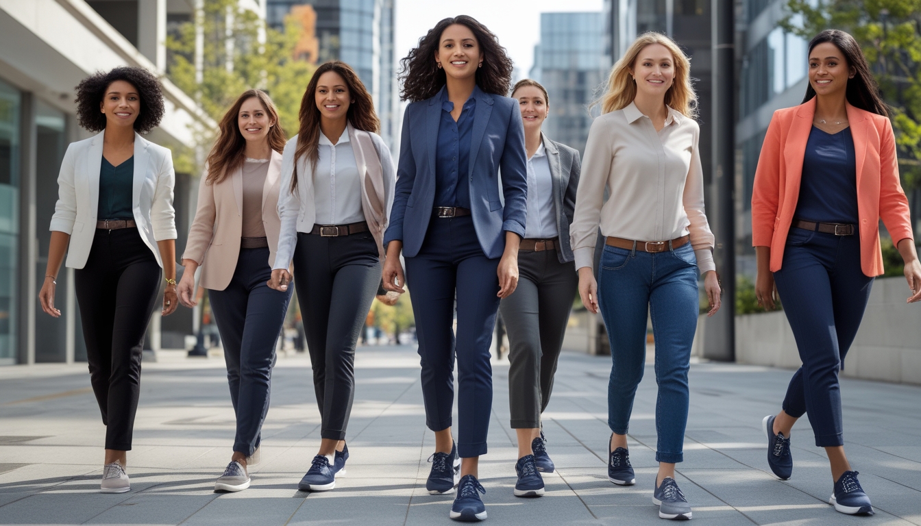Beberapa wanita berjalan di trotoar kota memakai sepatu Skechers, dengan gedung perkantoran di latar belakang.