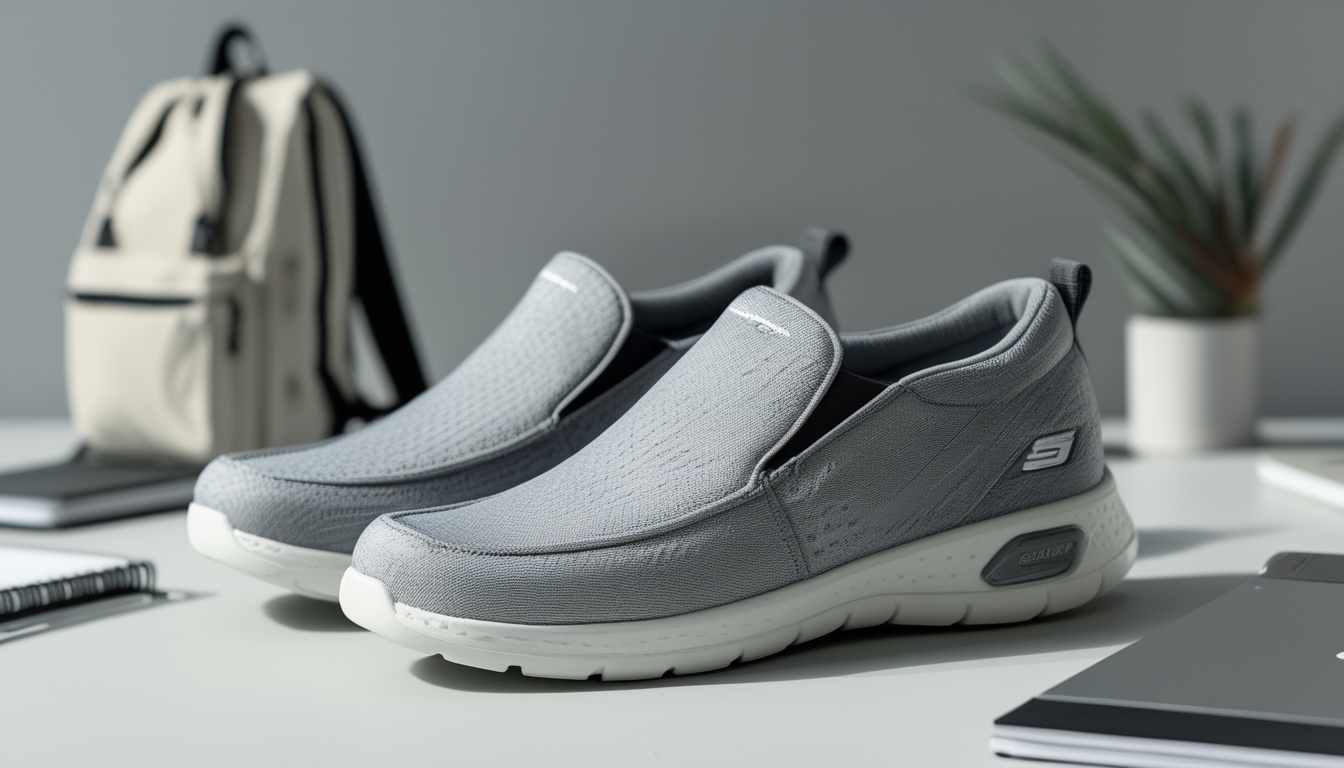 Sepasang sepatu slip on Skechers yang nyaman dan stylish diletakkan di atas permukaan dengan latar belakang perlengkapan kuliah seperti tas dan buku.