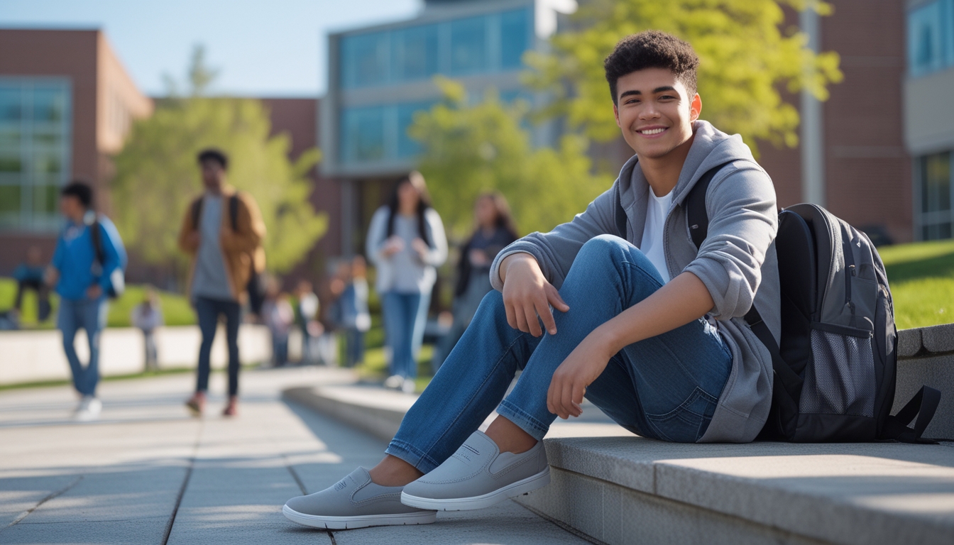 Seorang mahasiswa duduk di tangga kampus mengenakan sepatu slip-on Skechers dengan latar belakang kampus dan mahasiswa lain.
