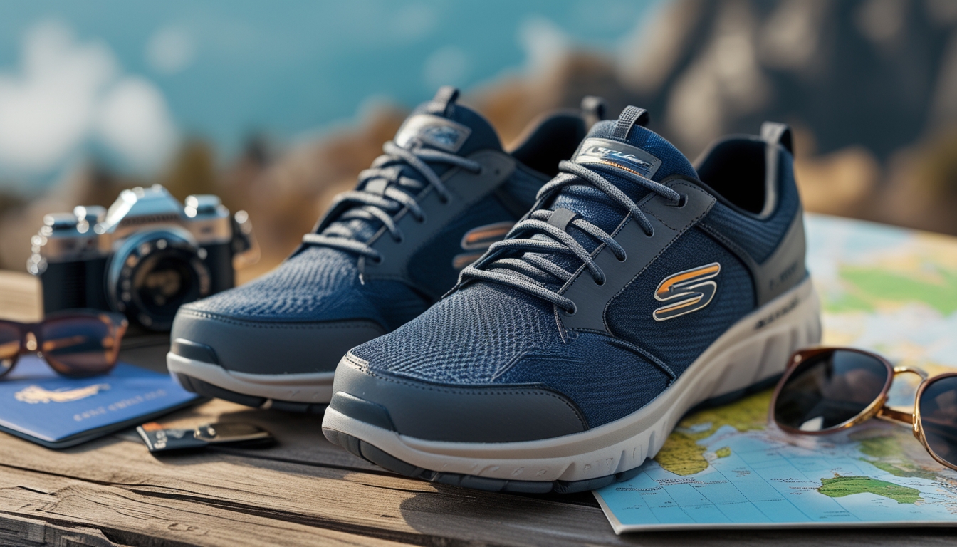 Sepasang sepatu Skechers pria diletakkan di atas permukaan kayu dengan barang-barang perjalanan seperti paspor, kacamata hitam, peta, dan kamera di sekitarnya.