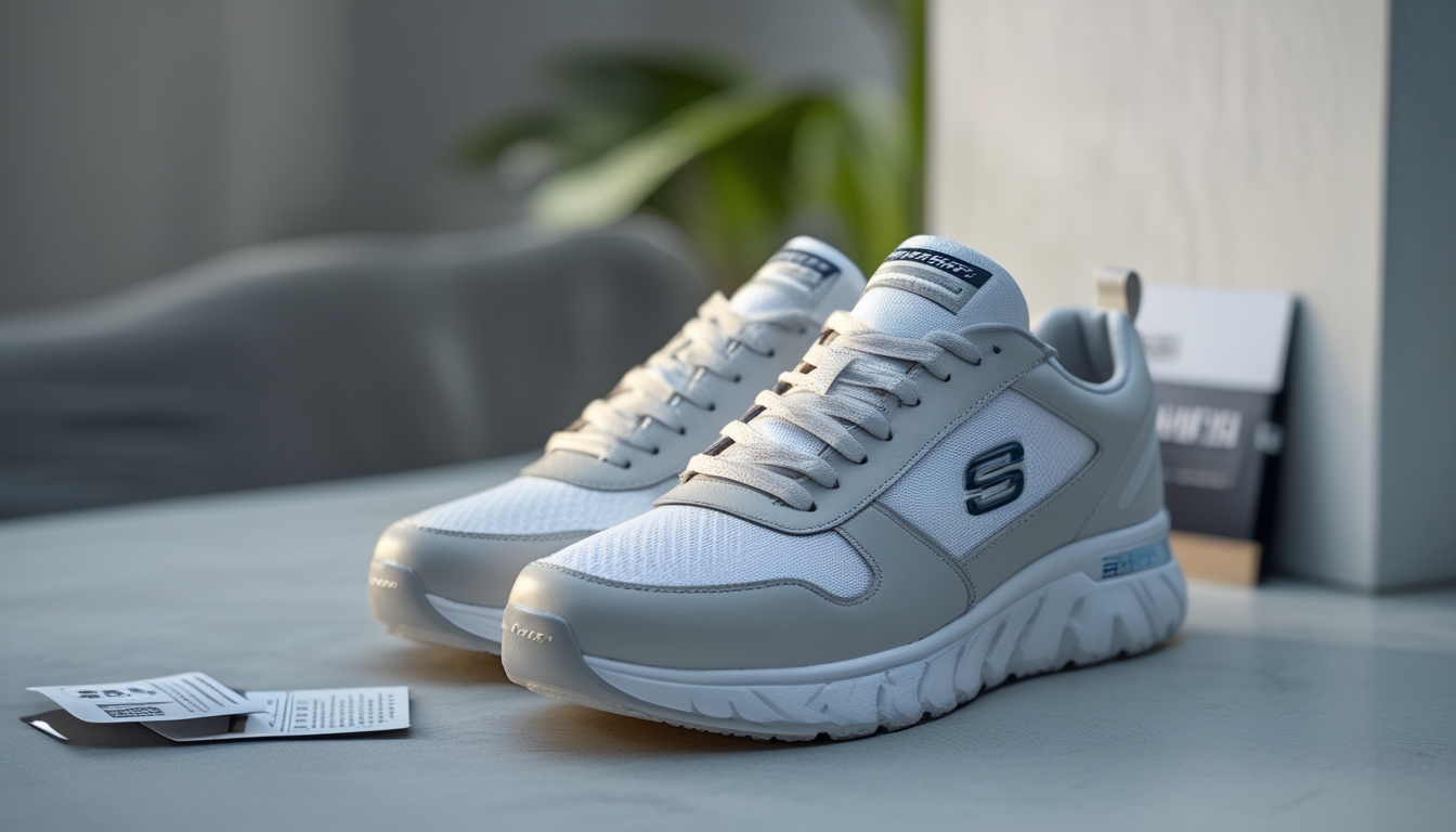 Sepasang sepatu Skechers asli berwarna netral diletakkan di atas permukaan bersih dengan latar belakang buram.