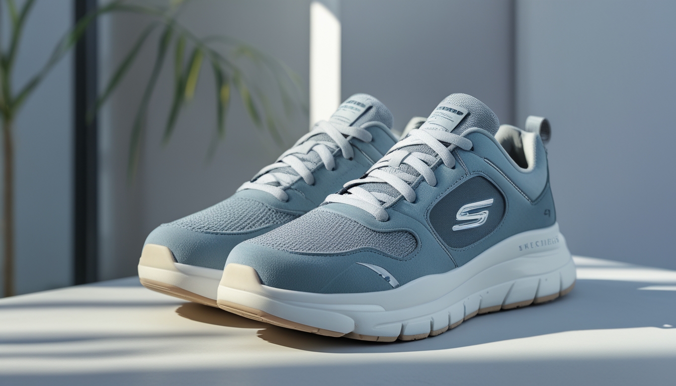 Sepasang sepatu Skechers asli berwarna netral diletakkan di atas permukaan bersih dengan pencahayaan alami, menonjolkan desain nyaman dan modern.