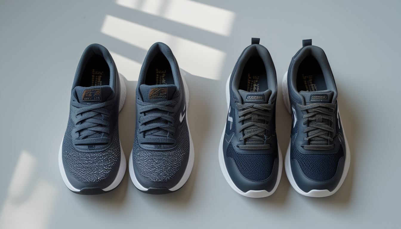 Dua pasang sepatu Skechers, satu model GO WALK dan satu model Arch Fit, diletakkan berdampingan untuk perbandingan.