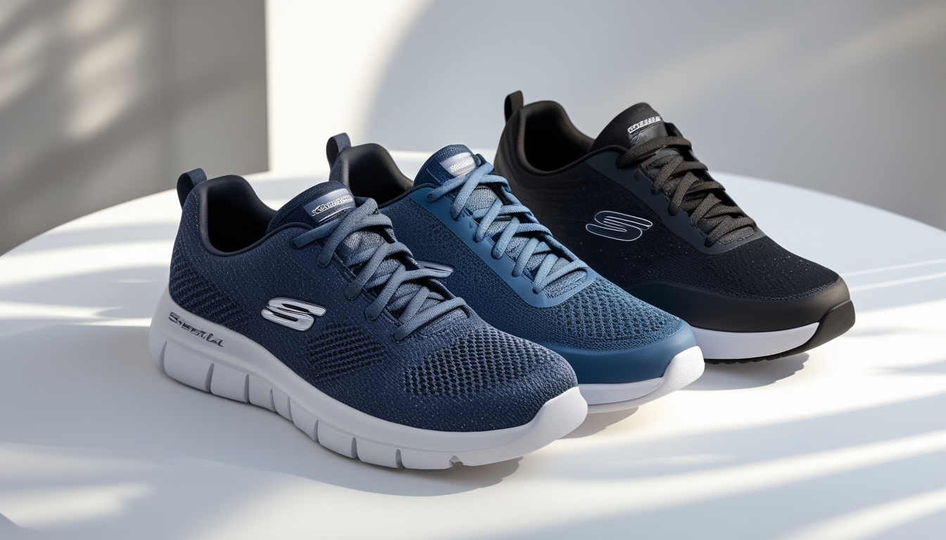Dua pasang sepatu Skechers, GO WALK dan Arch Fit, ditampilkan berdampingan di atas permukaan putih dengan latar belakang samar.
