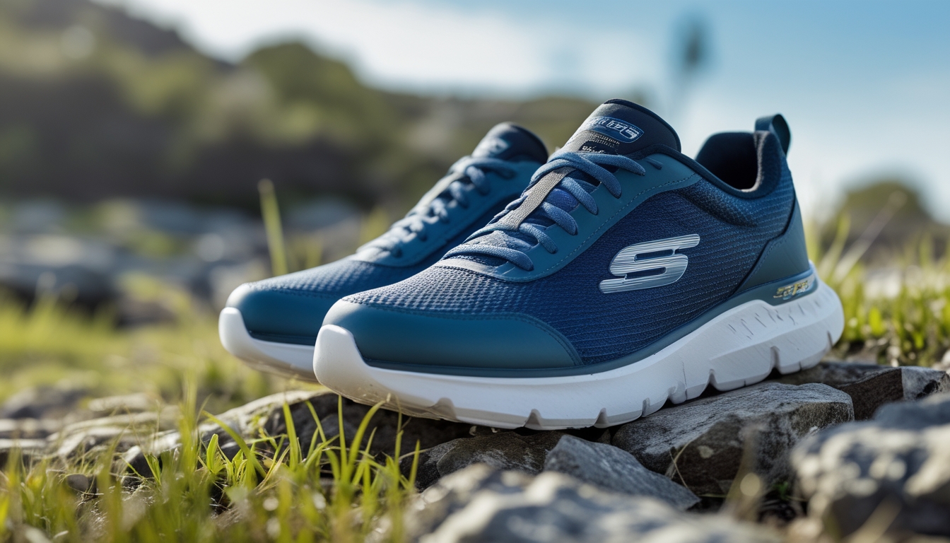 Sepasang sepatu Skechers diletakkan di permukaan alam dengan latar belakang pepohonan dan jalur outdoor.