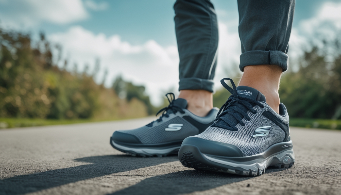 Seorang pria berdiri di luar ruangan memakai sepatu Skechers yang nyaman dengan latar belakang pepohonan dan jalan setapak.