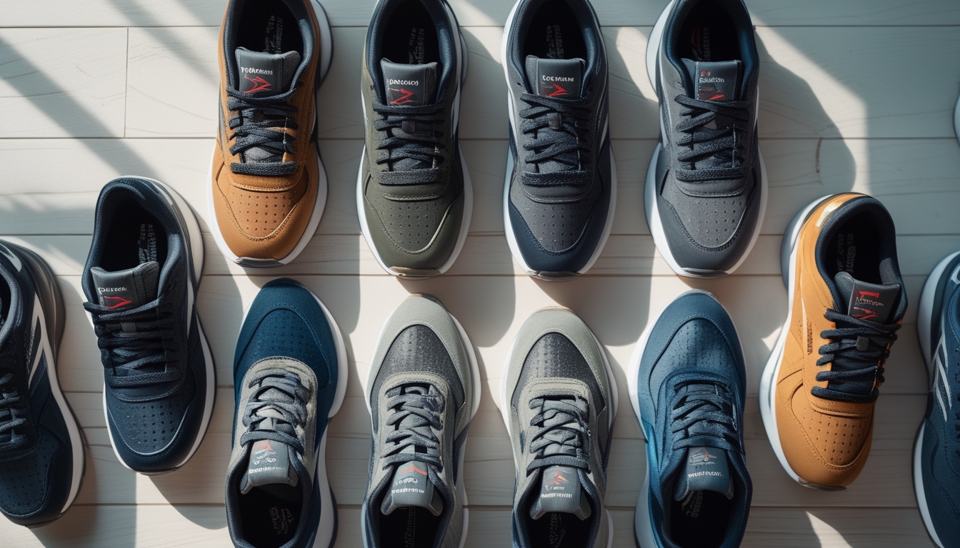 Sepuluh pasang sepatu pria Reebok yang berbeda warna dan model tersusun rapi di lantai kayu dengan pencahayaan alami.