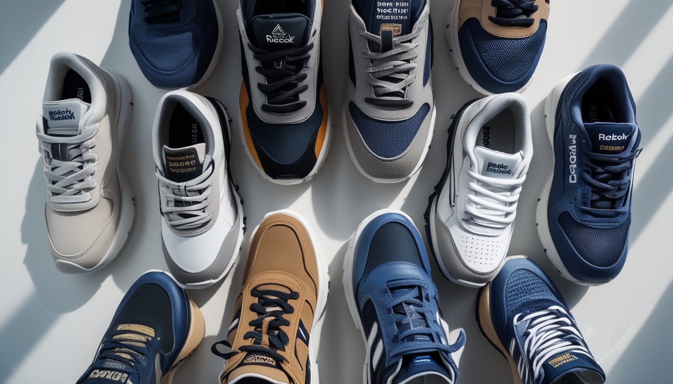 Sepuluh pasang sepatu Reebok pria berwarna berbeda tersusun rapi di atas permukaan bersih dengan pencahayaan alami.