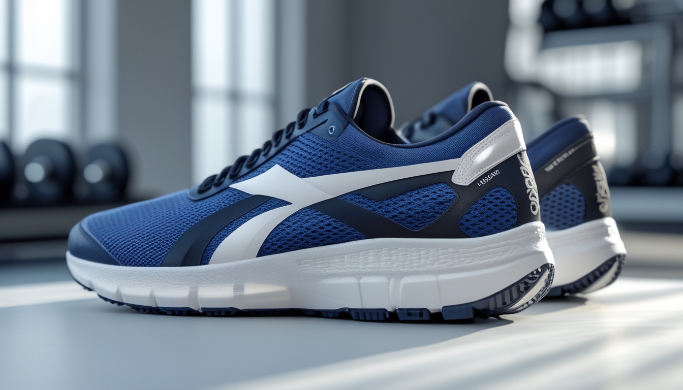 Sepasang sepatu Reebok modern untuk lari dan gym diletakkan di permukaan bersih dengan latar belakang gym yang samar.