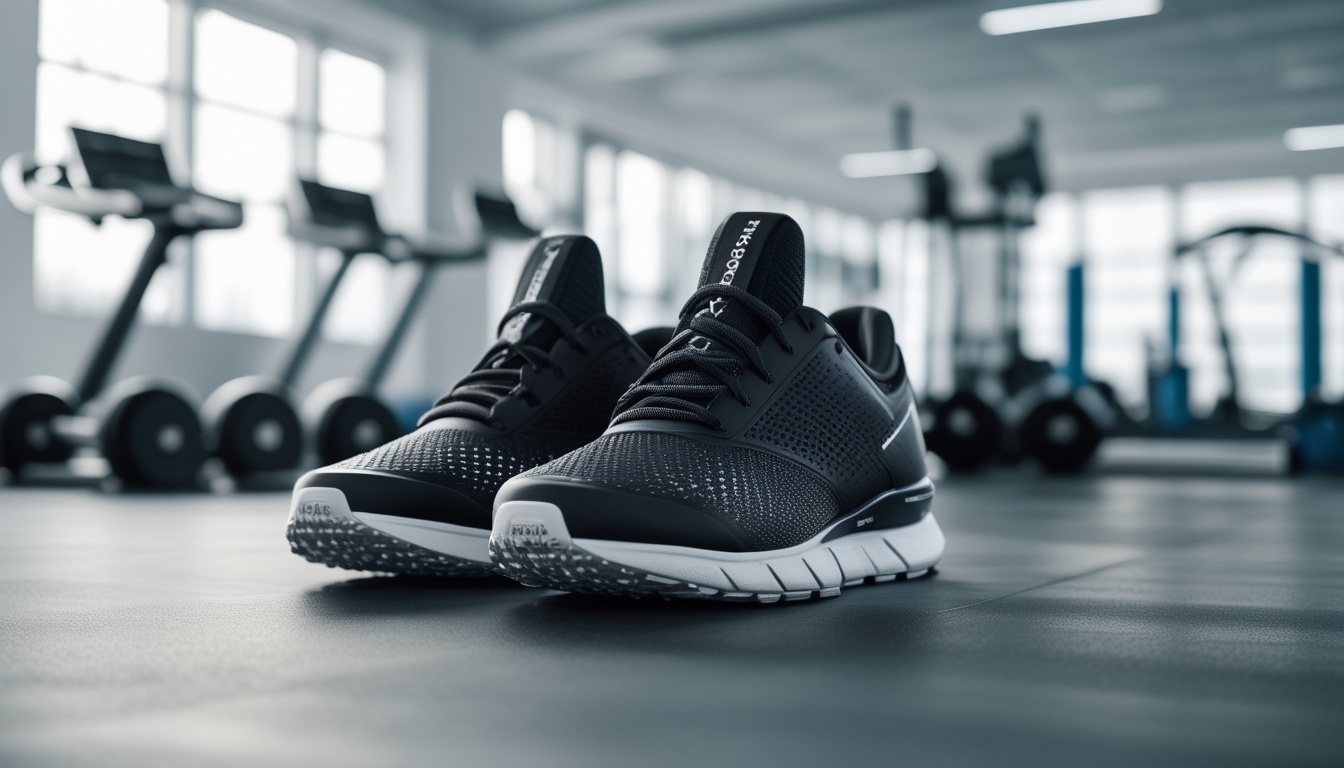 Sepasang sepatu Reebok diletakkan di lantai gym dengan peralatan olahraga di latar belakang.