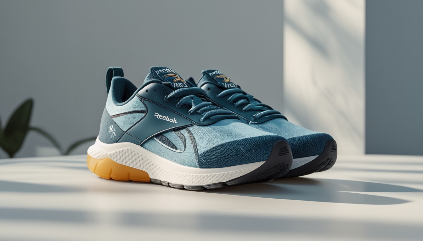 Sepatu Reebok wanita dengan desain modern dan nyaman ditampilkan di atas permukaan bersih dengan latar belakang buram.