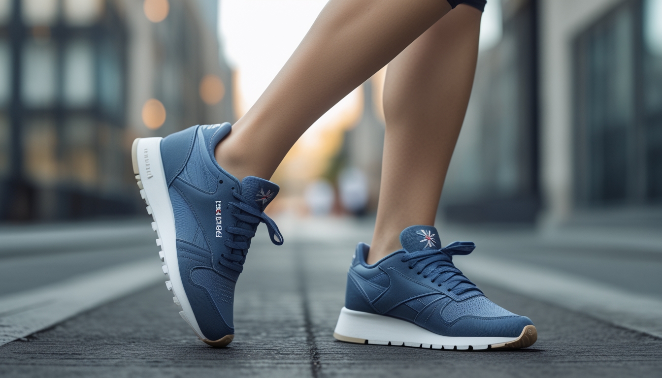 Seorang wanita muda berjalan di jalan kota memakai sepatu Reebok yang nyaman dan bergaya.