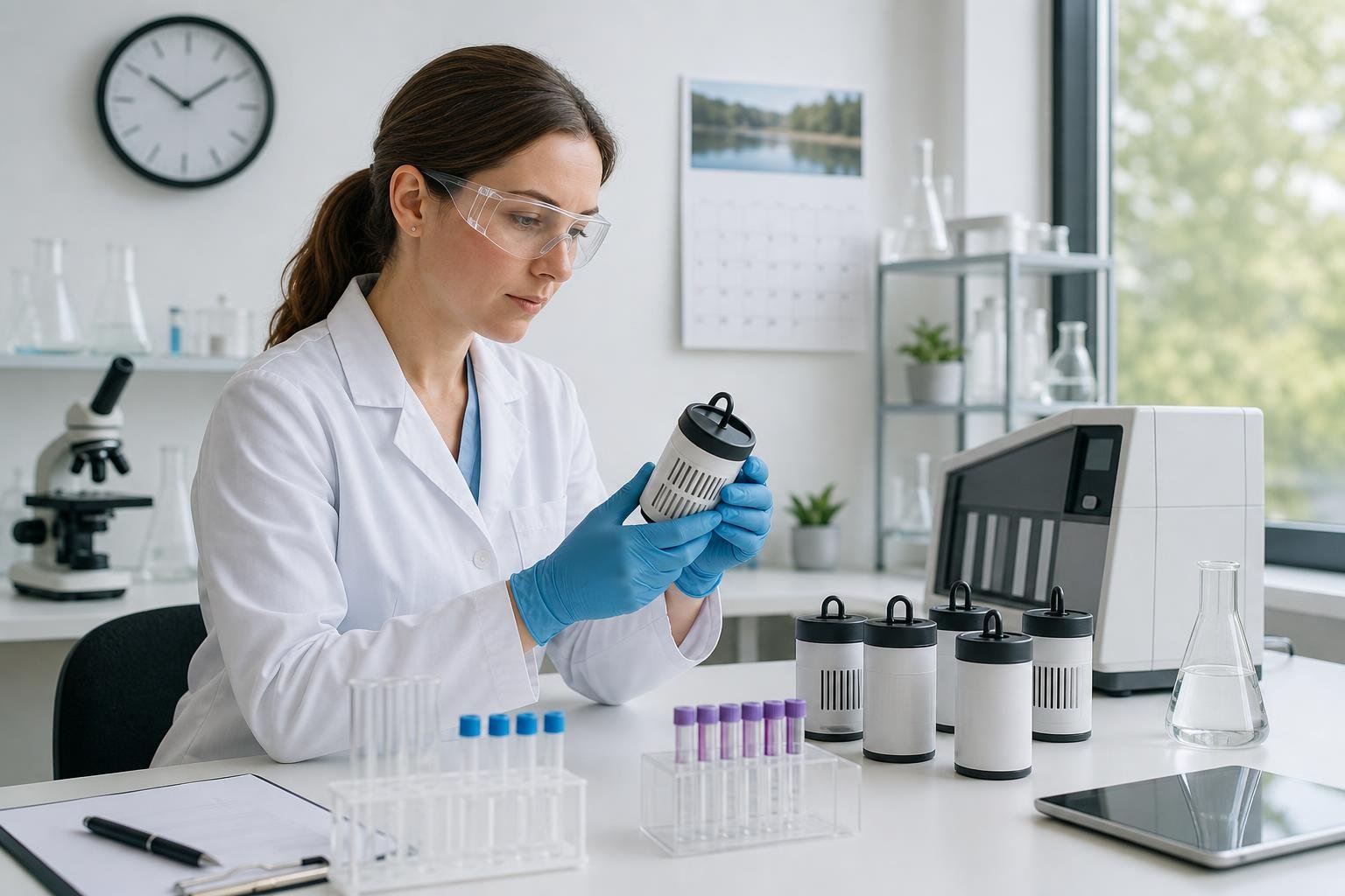 En tekniker i ett laboratorium hanterar en radondetektor med vetenskaplig utrustning och en klocka i bakgrunden som visar tidens gång.