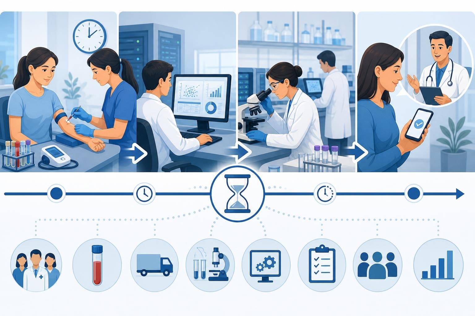 Illustration som visar stegen från mätning till att få resultat, med personer som genomgår tester, laboratoriearbete och mottagande av svar.