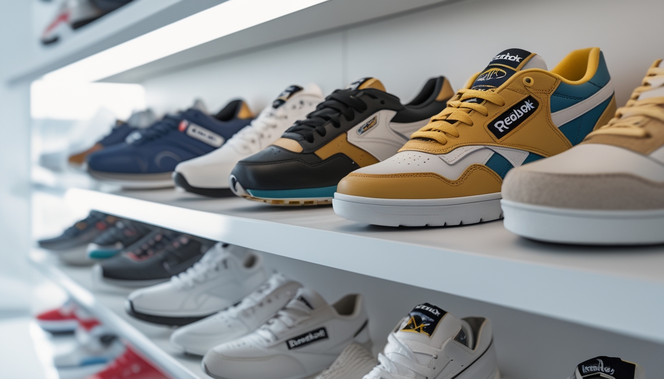 Deretan sepatu Reebok berbagai model dan warna tersusun rapi di rak display dalam ruangan yang terang dan minimalis.