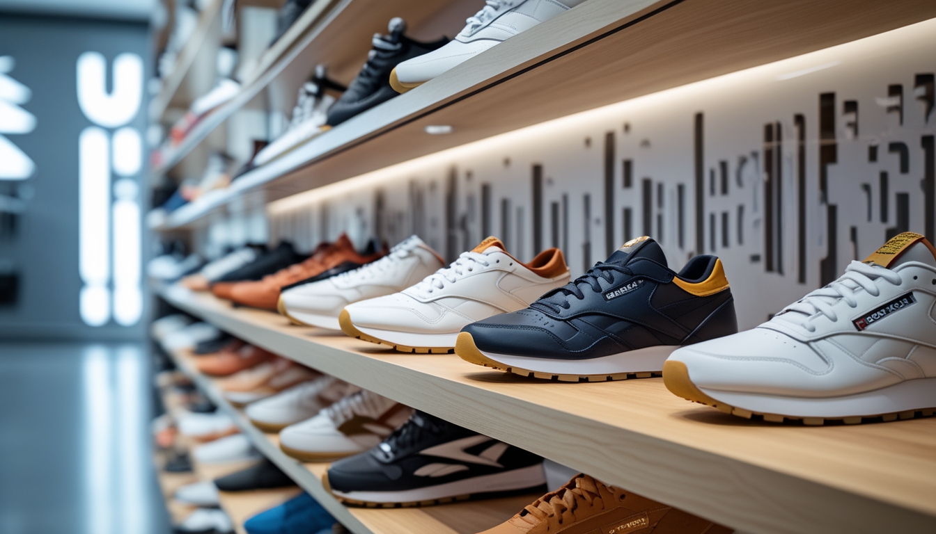 Beberapa sepatu Reebok berwarna-warni ditata rapi di rak kayu di dalam toko sepatu yang terang dan bersih.