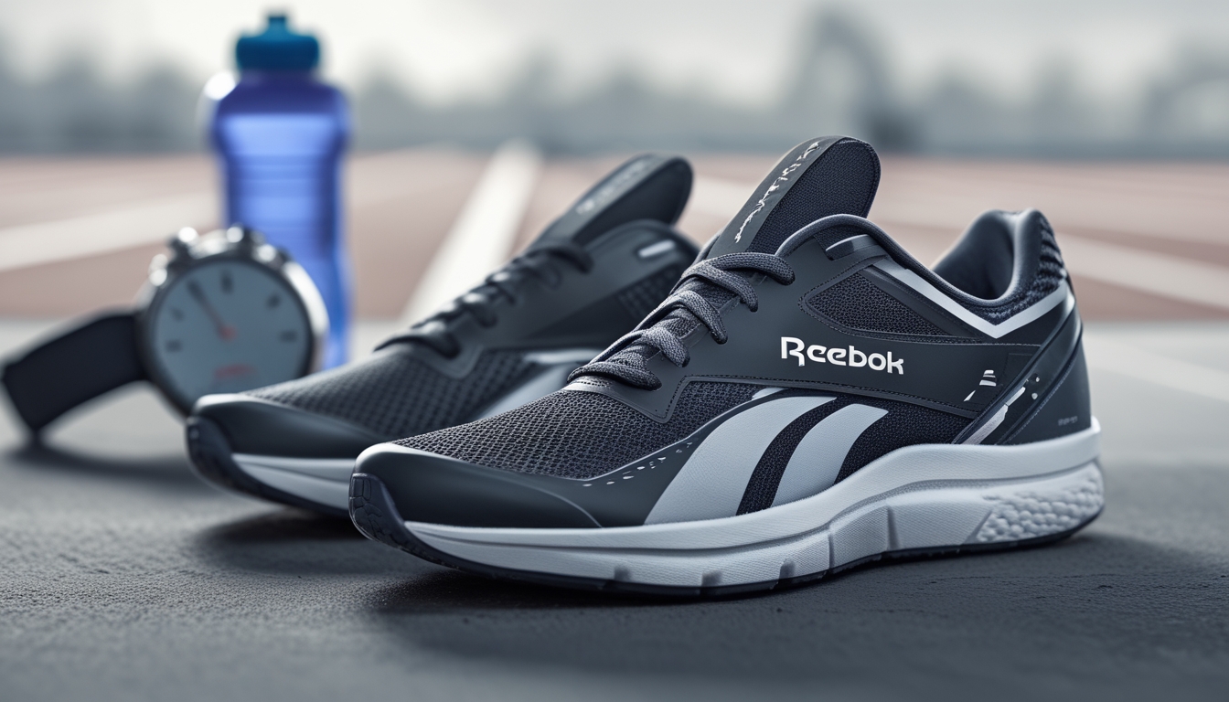 Sepasang sepatu Reebok untuk lari jarak jauh dan pemakaian sehari-hari diletakkan di latar belakang netral dengan beberapa perlengkapan olahraga di sekitar.