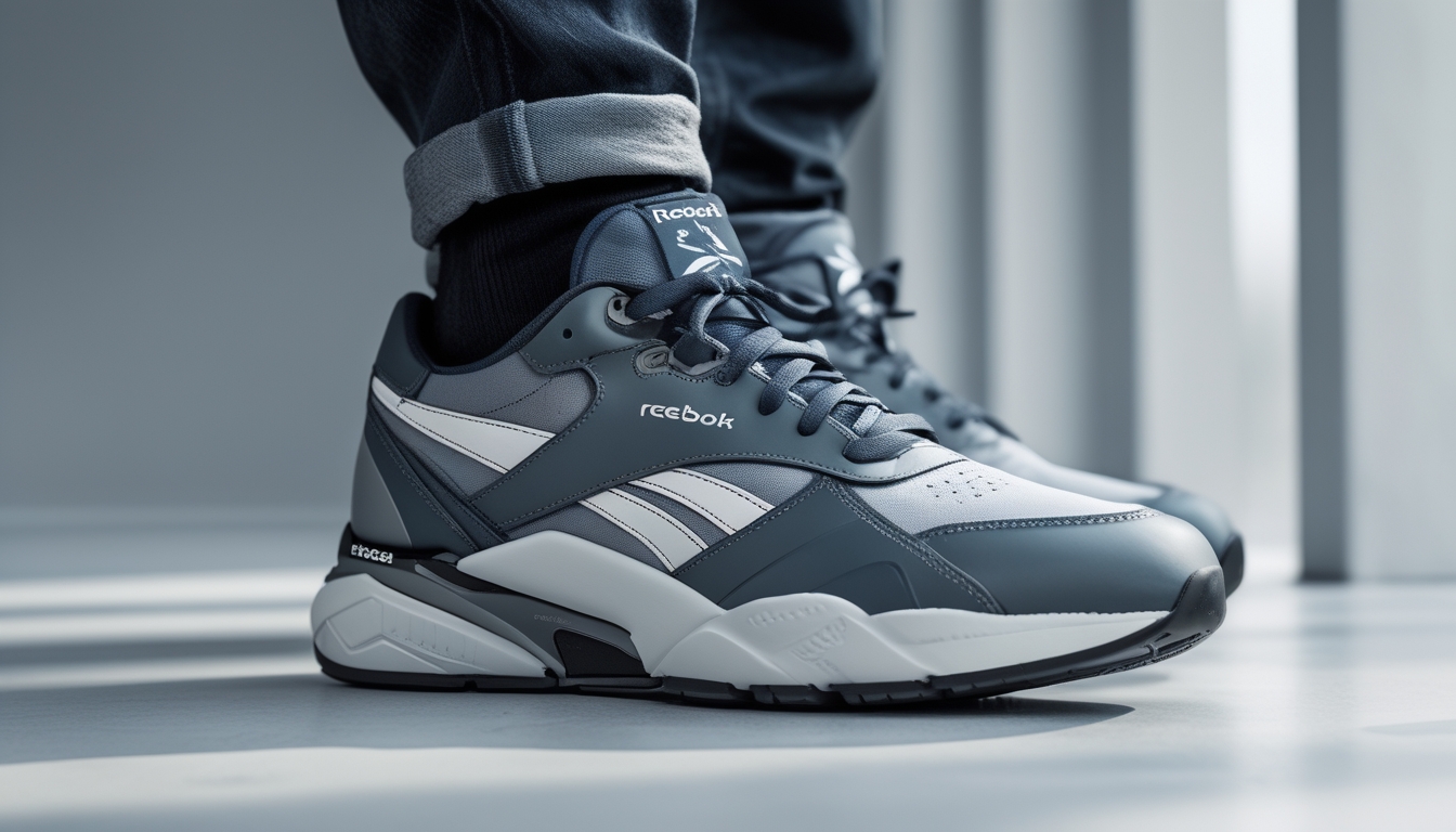 Sepasang sepatu Reebok dengan teknologi bantalan empuk ditampilkan di atas permukaan bersih dengan latar belakang kabur.