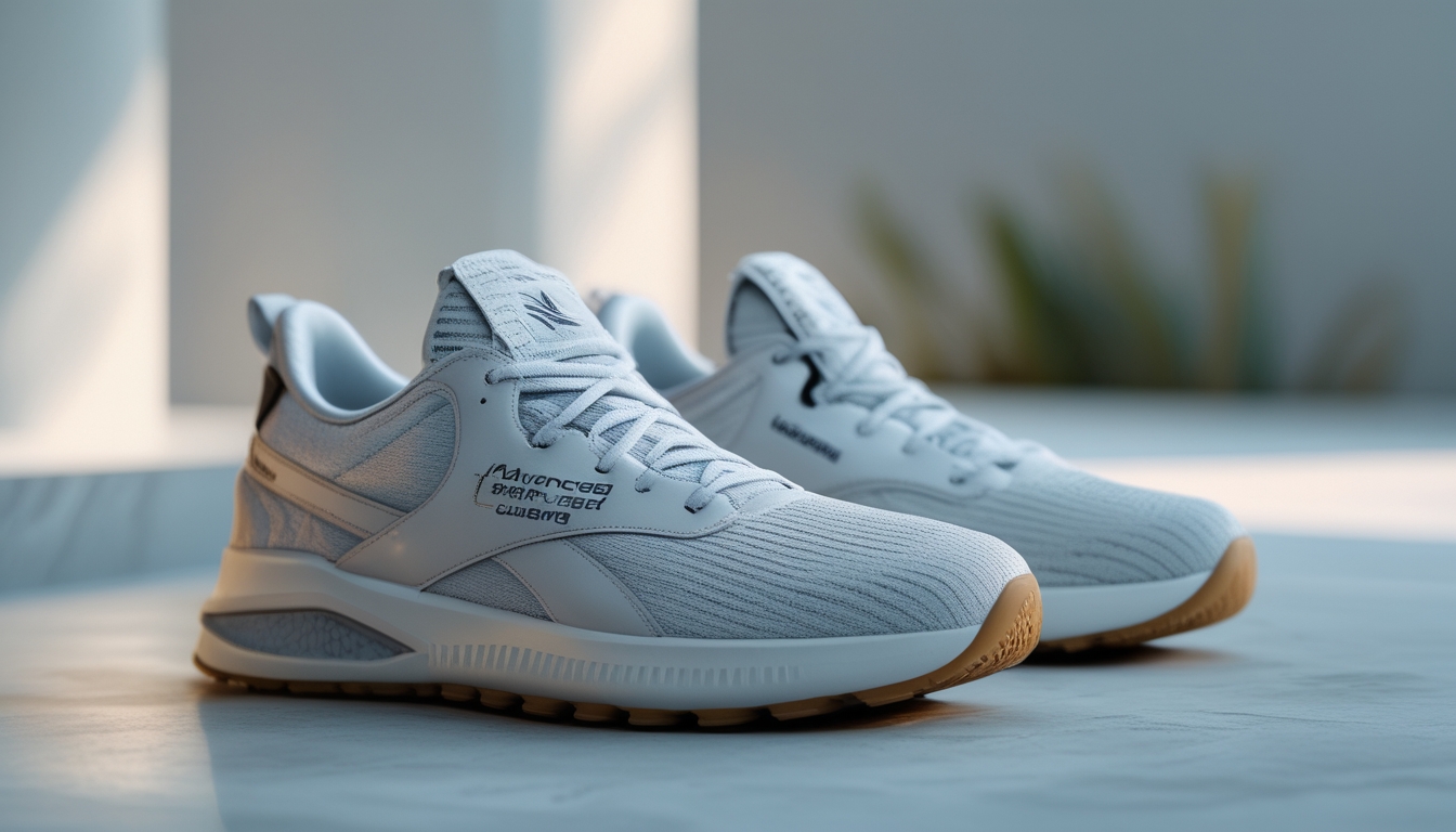 Sepasang sepatu Reebok dengan teknologi bantalan empuk ditempatkan di atas permukaan bersih dengan latar belakang minimalis.