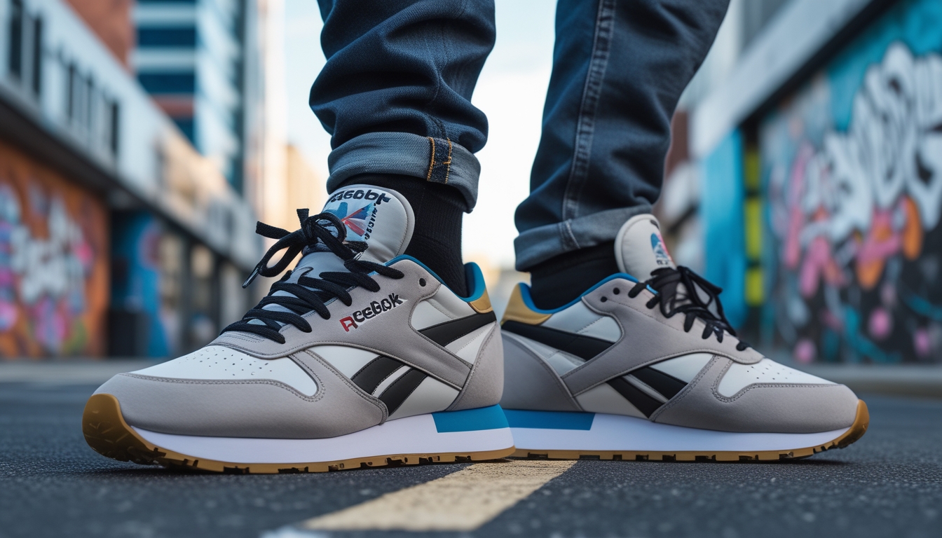 Seorang anak muda mengenakan sepatu Reebok berdiri di jalan kota dengan latar belakang grafiti dan bangunan modern.