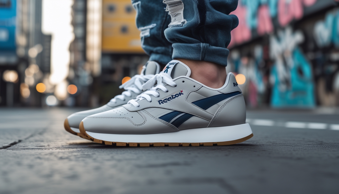 Seorang anak muda mengenakan sepatu Reebok di jalan kota dengan latar belakang dinding grafiti dan bangunan modern.