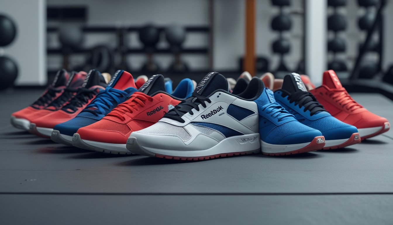 Beberapa pasang sepatu Reebok untuk fitness dan latihan yang disusun rapi di lantai gym dengan latar belakang peralatan olahraga.