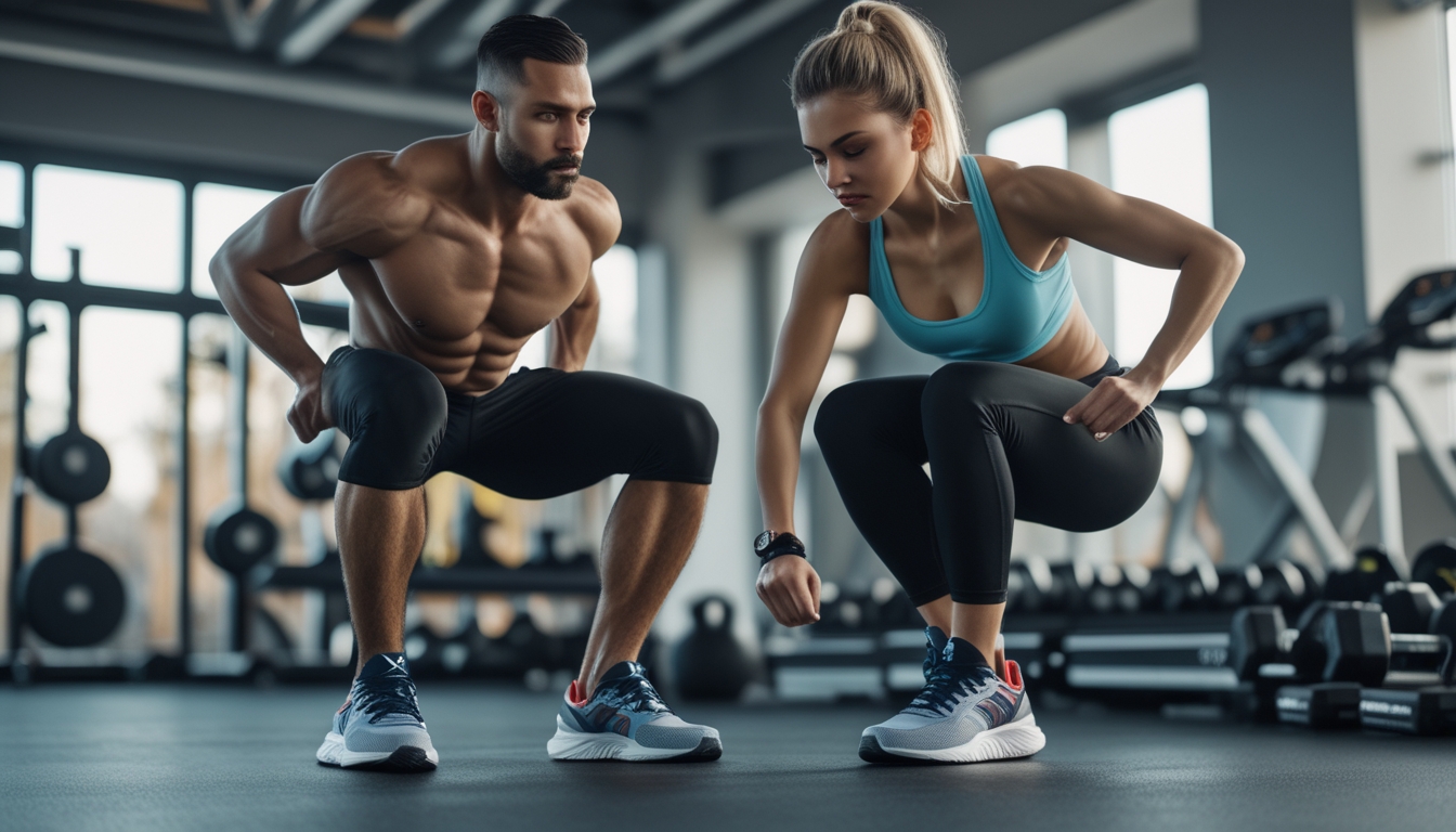 Seorang pria dan wanita sedang berolahraga di gym dengan sepatu Reebok, dikelilingi peralatan fitness.
