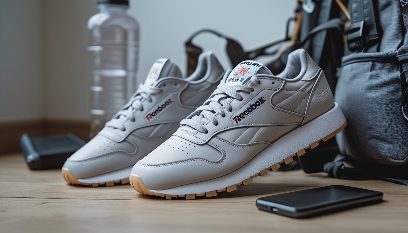 Sepasang sepatu Reebok asli berwarna putih dan hitam diletakkan di atas lantai kayu dengan beberapa barang sehari-hari di sekitarnya.