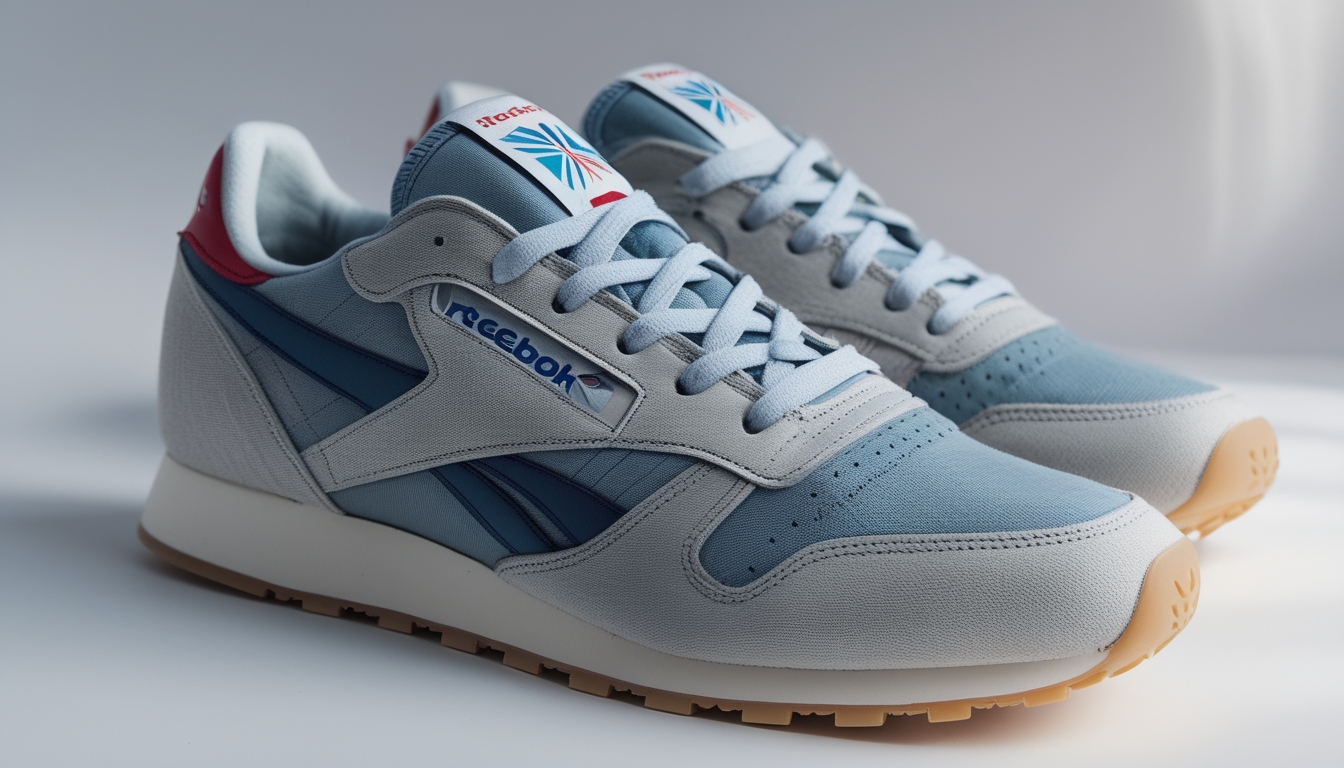 Sepasang sepatu Reebok asli yang bersih dan rapi, diletakkan di latar belakang netral tanpa elemen lain.