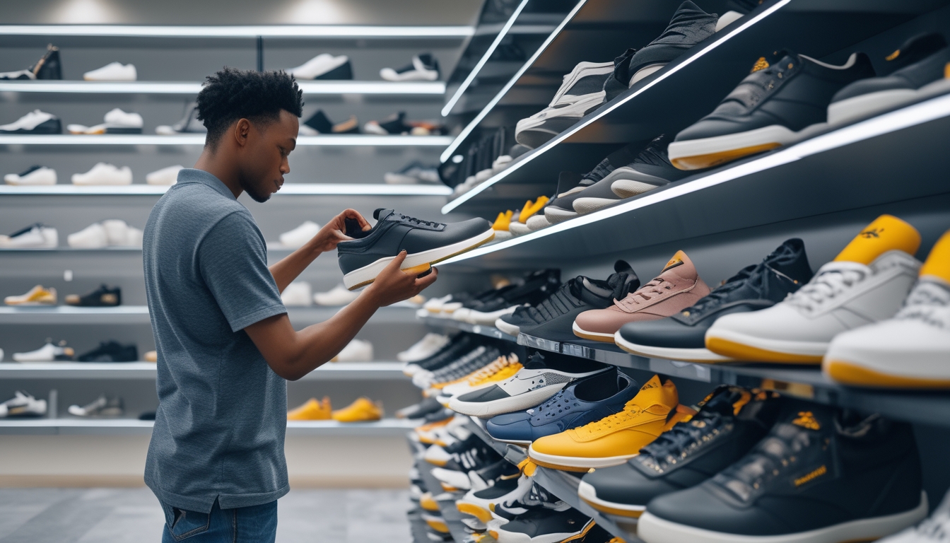 Seseorang sedang memilih sepatu Reebok di toko sepatu yang terang dan rapi.