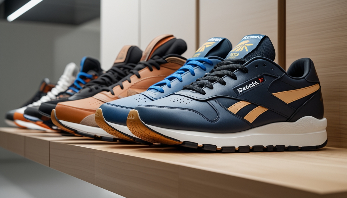 Beberapa sepatu Reebok tersusun rapi di rak kayu dalam toko yang terang dan modern.