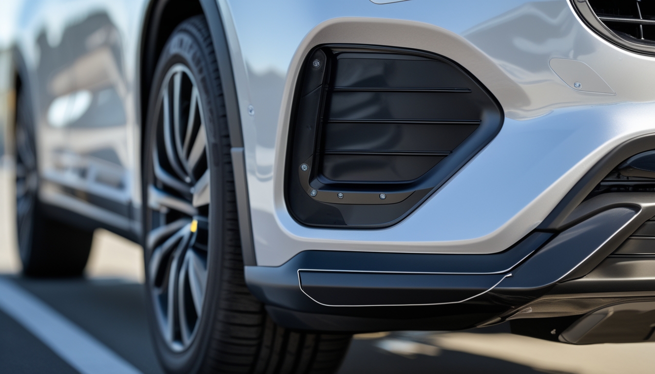 Close-up bagian bumper mobil dengan pelindung bumper yang terpasang, menunjukkan perlindungan dari goresan dan benturan.