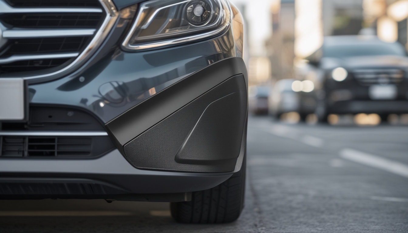 Close-up mobil dengan pelindung bumper yang terpasang, melindungi bumper dari goresan dan benturan.