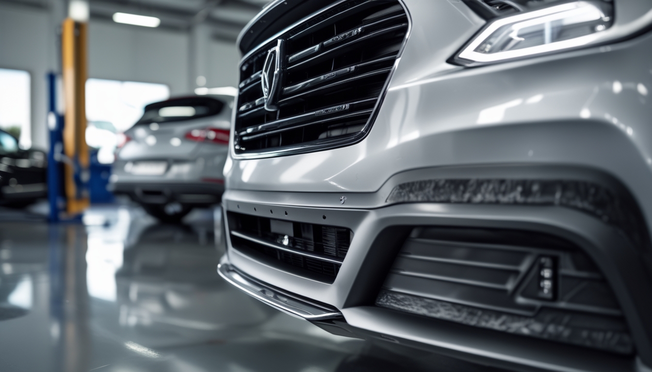 Foto close-up pelindung bumper mobil terpasang pada berbagai jenis kendaraan di bengkel atau showroom.