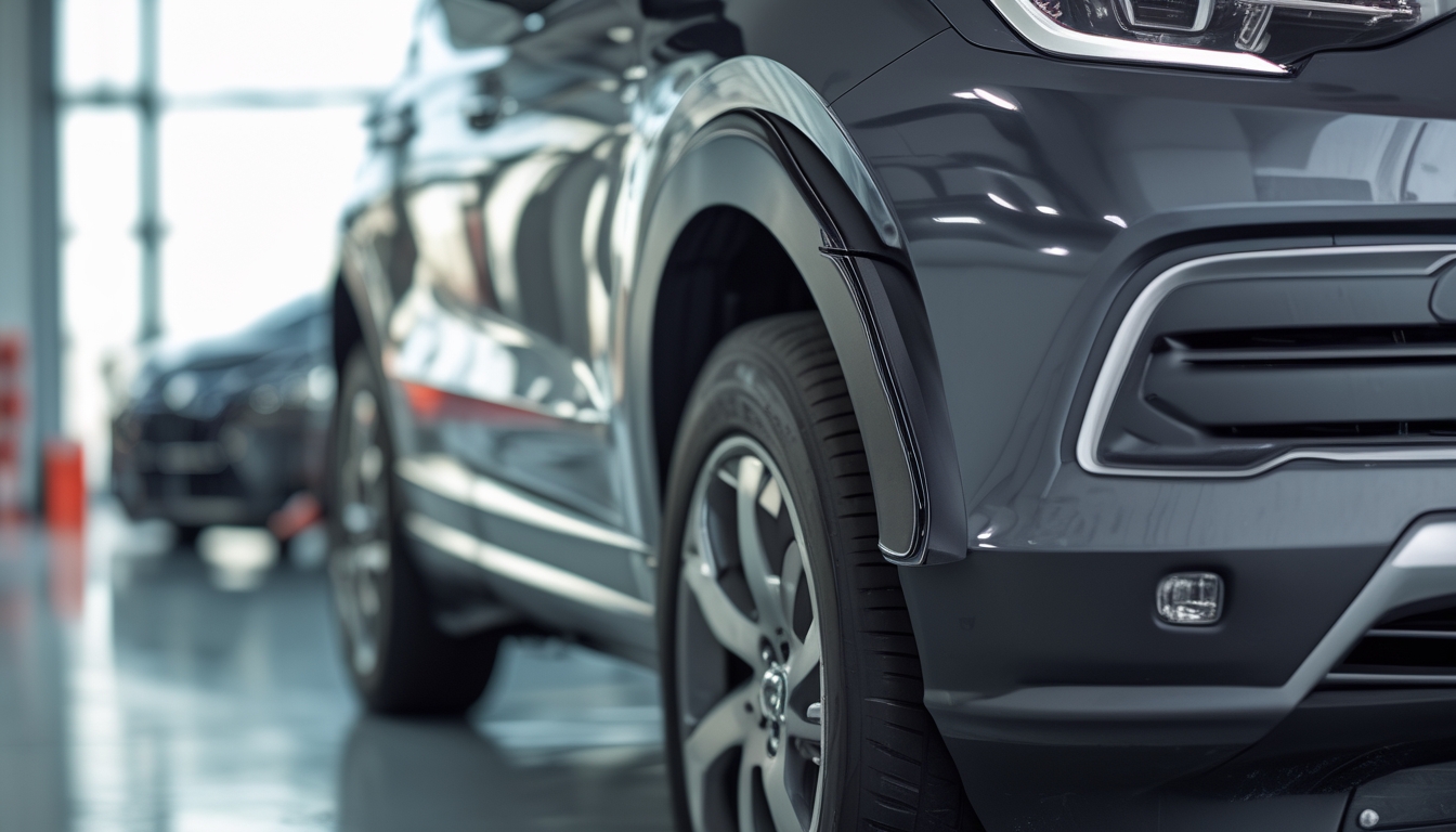 Pelindung bumper mobil berbahan karet tebal terpasang pada bumper depan mobil modern di bengkel otomotif.