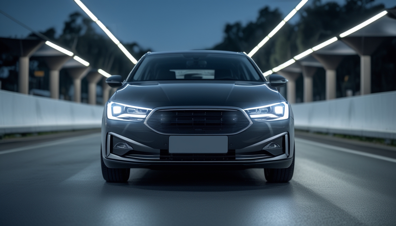 Mobil modern dengan lampu LED putih menyala terang di jalan kosong pada malam hari.