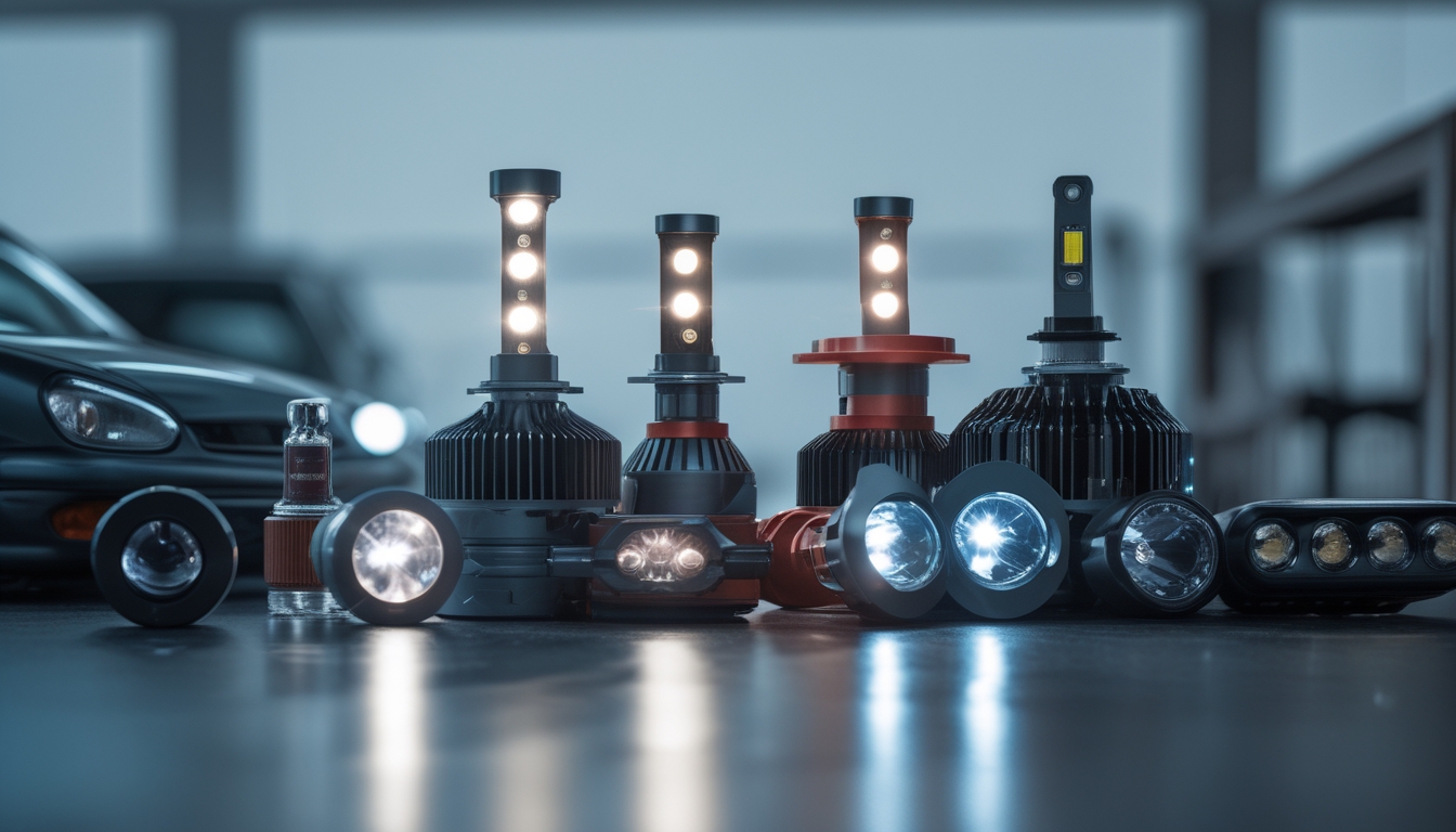 Berbagai lampu LED mobil tertata rapi di atas meja dengan latar belakang bengkel atau showroom otomotif.