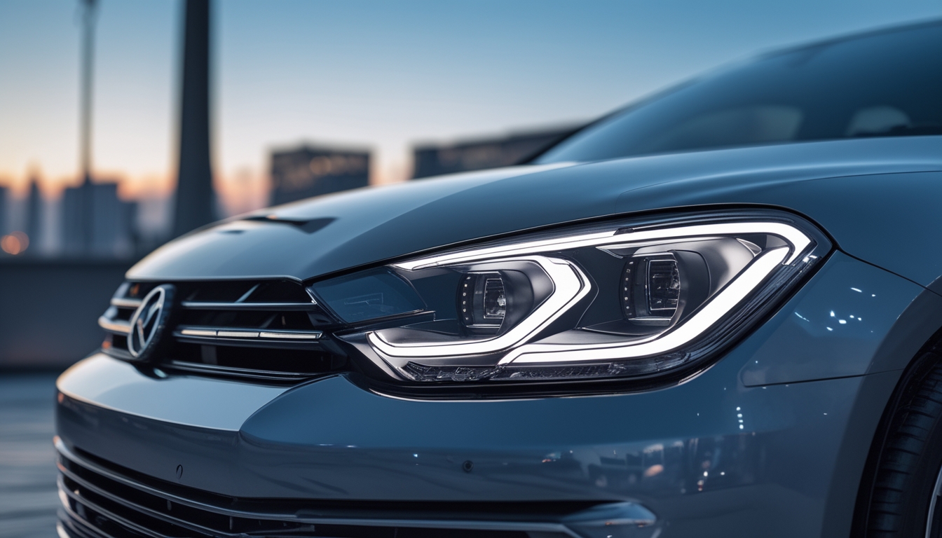 Foto close-up lampu depan mobil yang menyala dengan cahaya LED terang pada latar belakang kota saat senja.