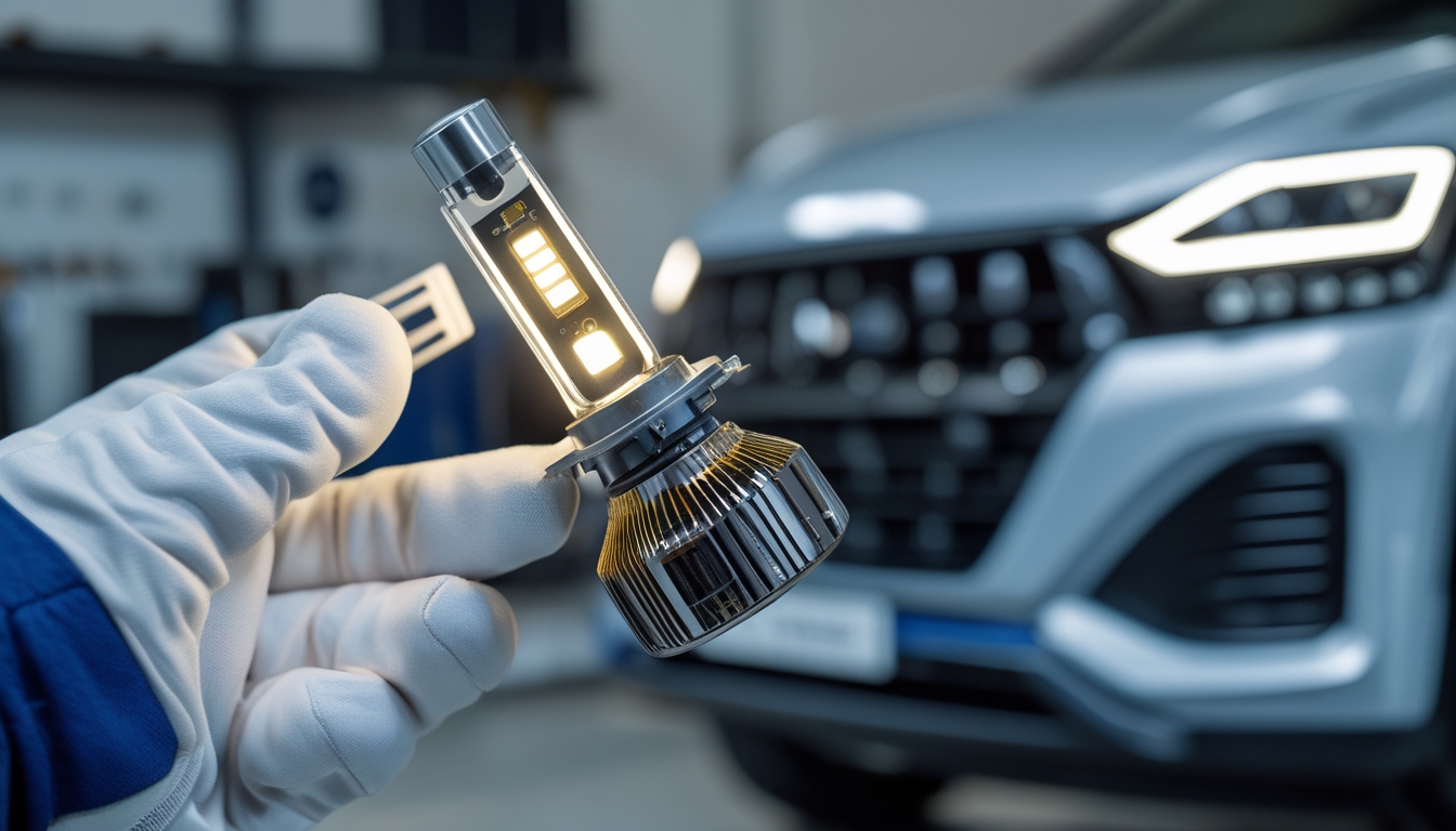 Lampu LED mobil yang mudah dipasang sendiri di tangan seseorang dengan latar belakang headlamp mobil.