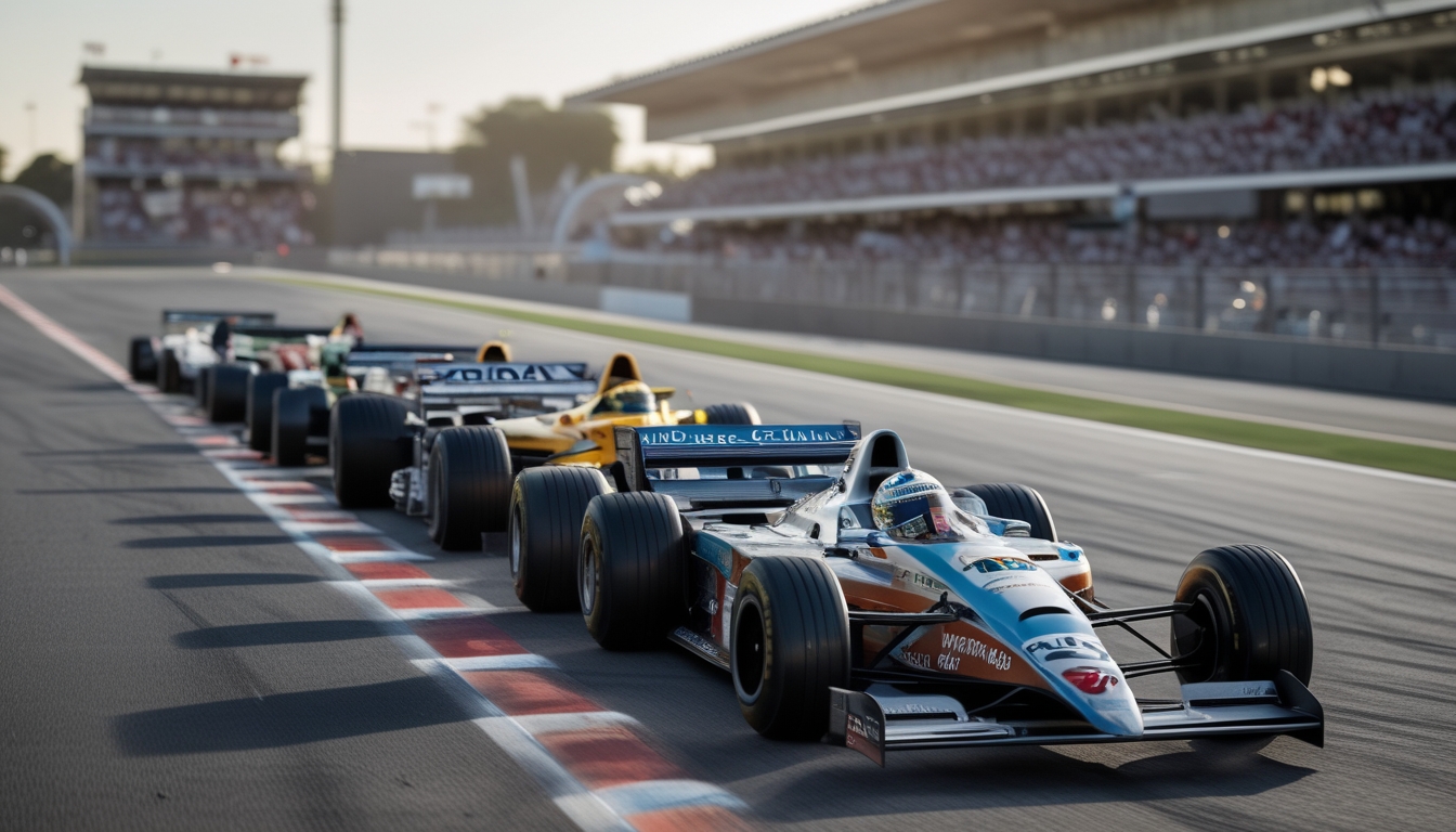 Sepuluh mobil Formula 1 ikonik berbaris di lintasan balap dengan latar belakang tribun penonton.