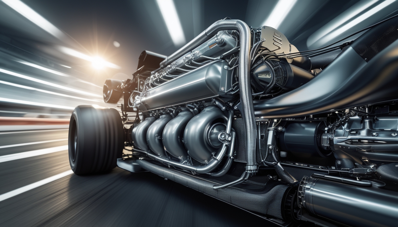 Mesin Formula 1 modern dengan detail mekanis yang rumit dan latar belakang lintasan balap yang kabur.