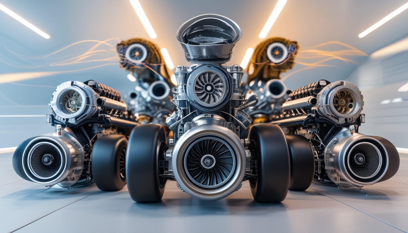 Beberapa mesin Formula 1 dari berbagai era ditampilkan berdampingan dengan latar belakang modern yang menonjolkan detail dan kekuatan mesin.