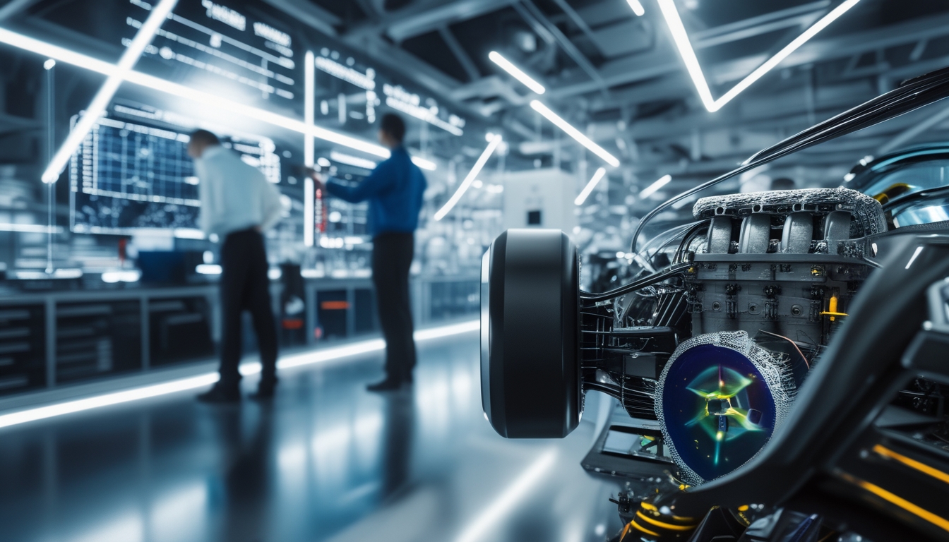 Mesin mobil Formula 1 modern dengan detail mekanis yang rumit di bengkel berteknologi tinggi, dikelilingi oleh insinyur yang sedang menganalisis data.