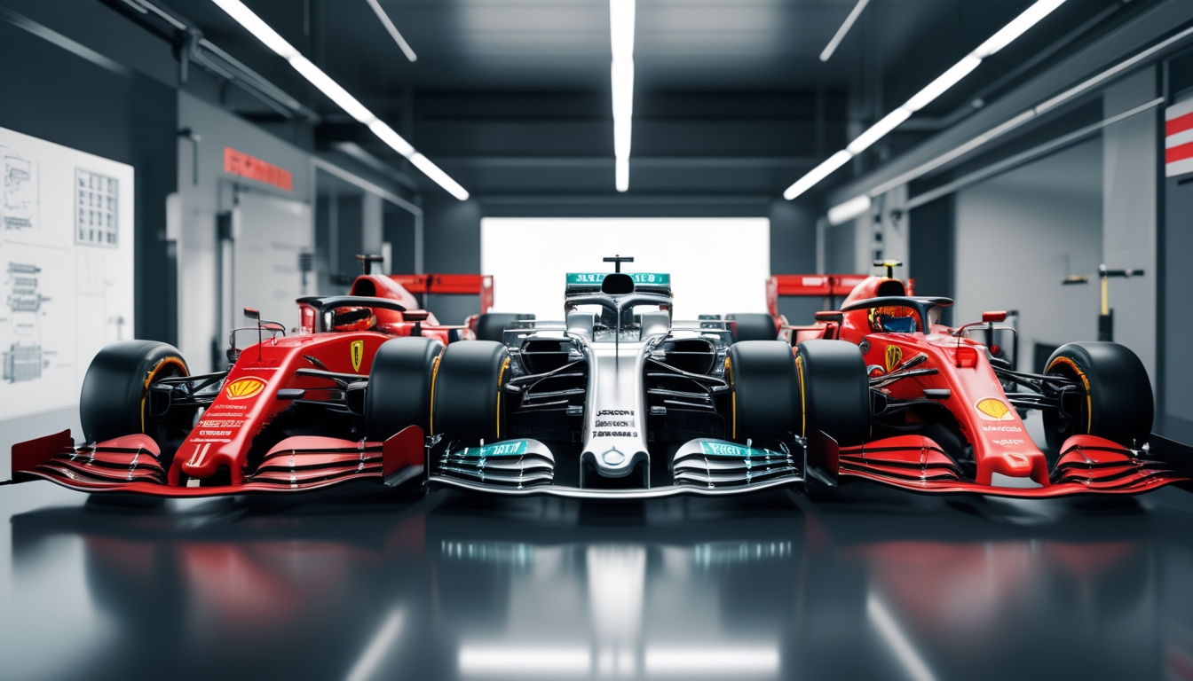 Tiga mesin Formula 1 dari Ferrari, Mercedes, dan Honda berdampingan di atas permukaan hitam dengan latar belakang garasi balap yang samar.
